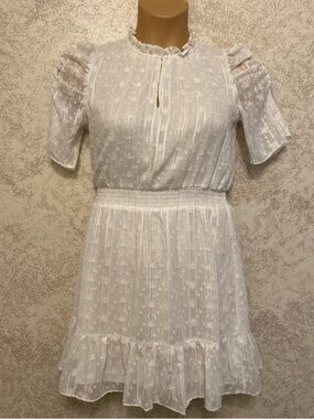 Express White Swiss-Dot Smocked Midi Dress with Ruffle Hem